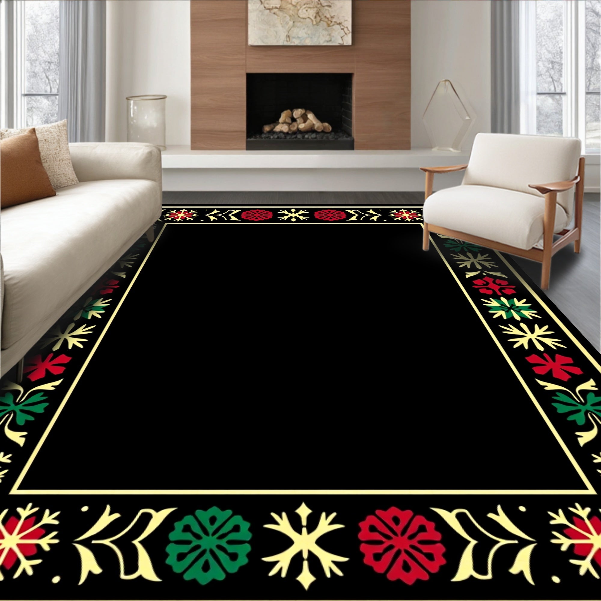 Red Green Snowflake Border Rug