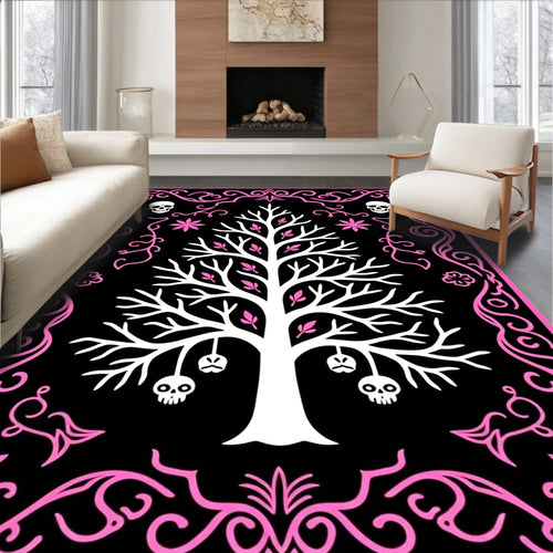 Black Skull Tree Pink Ornamental Rug