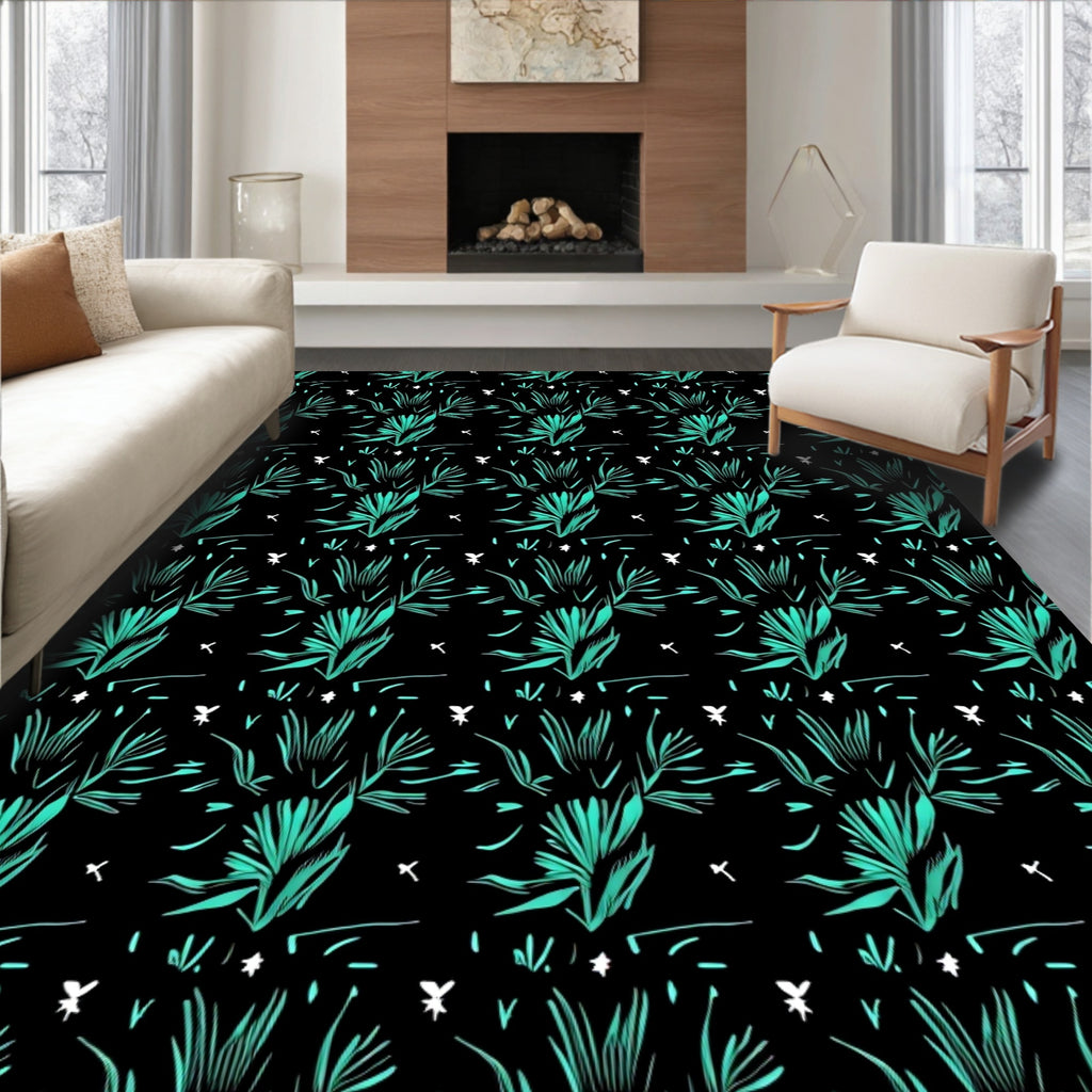 Teal and White Leafy Bush Motif Rug