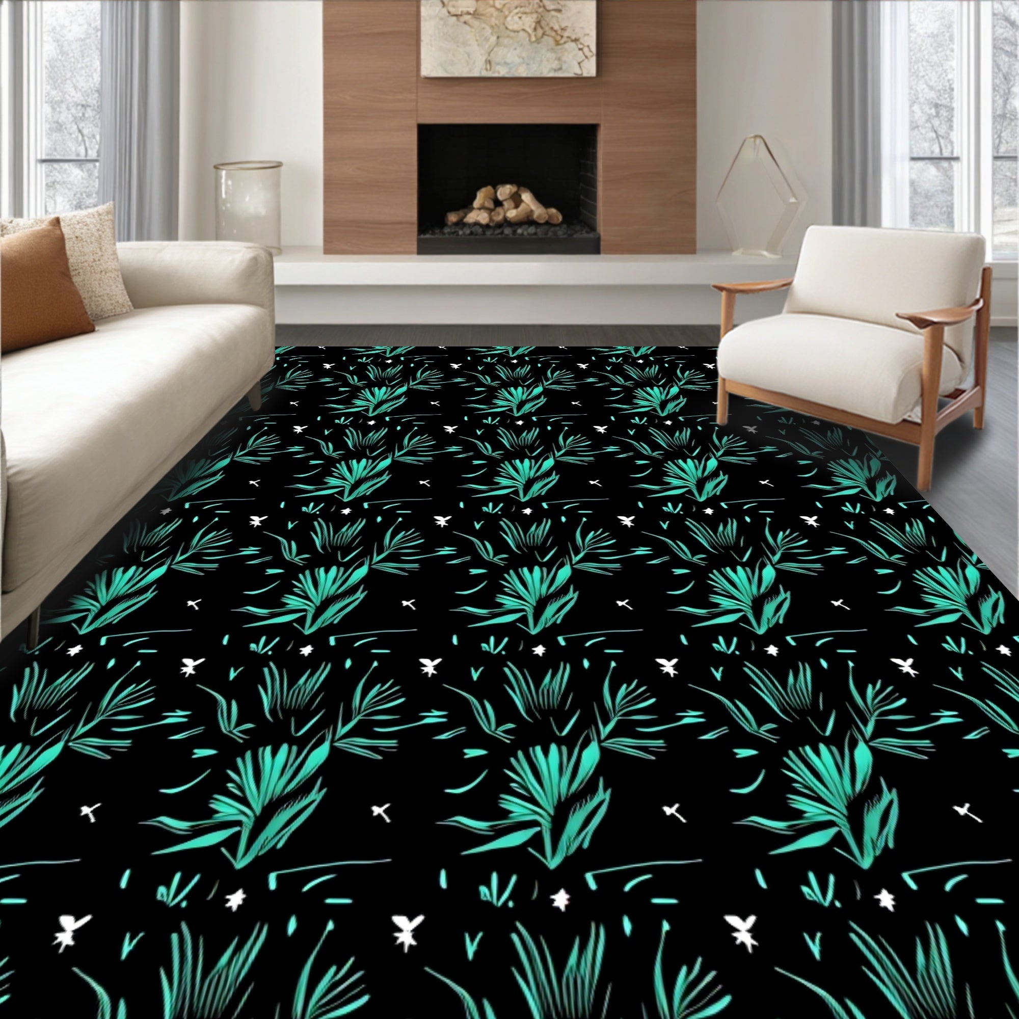 Teal and White Leafy Bush Motif Rug