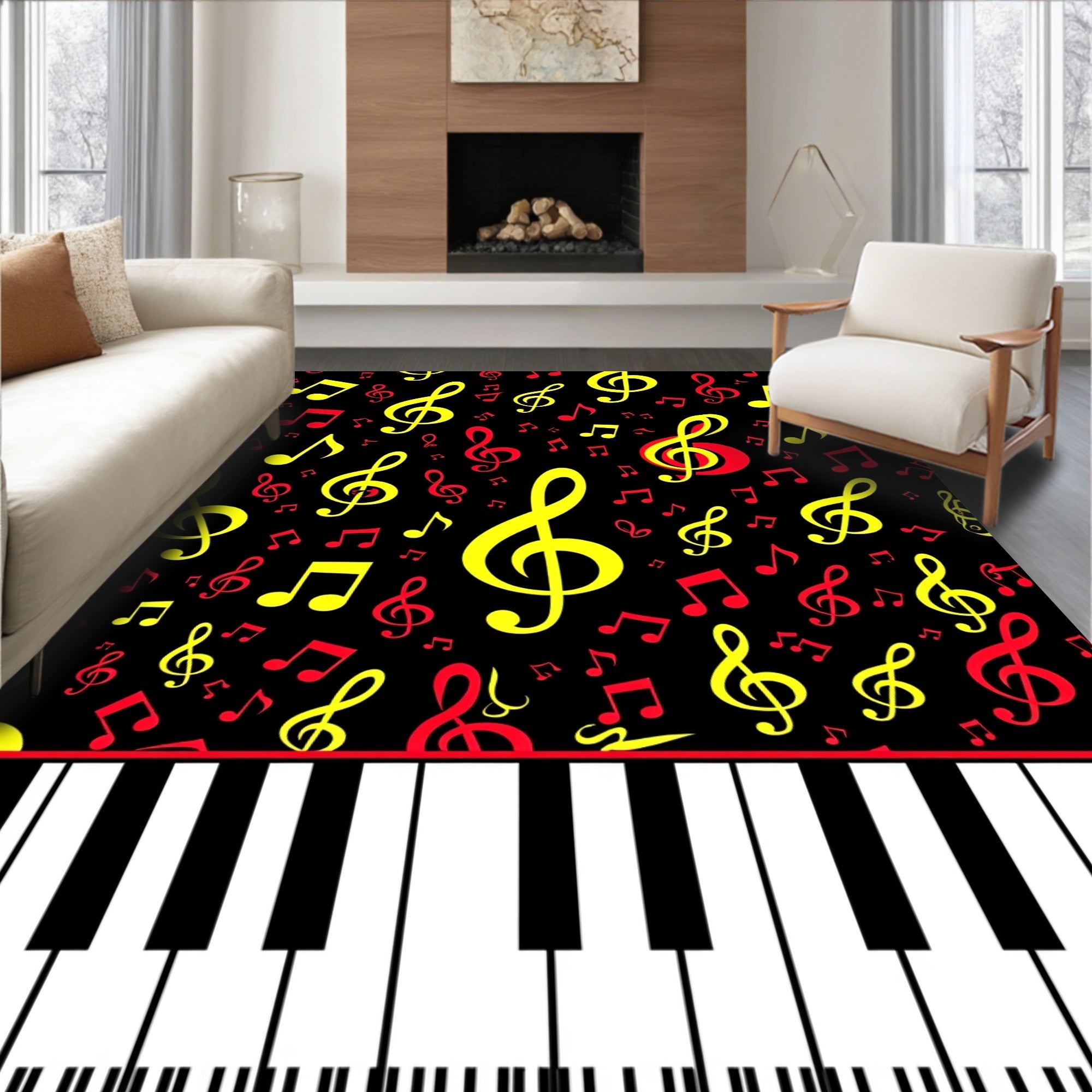 Vibrant Red Yellow Treble Clefs Rug