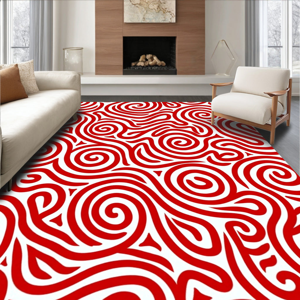 Crimson Swirl Abstract Line Rug