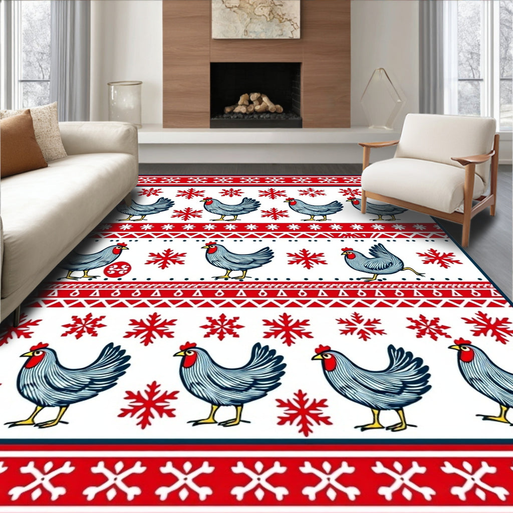 Rustic Red White Chicken Snowflake Rug
