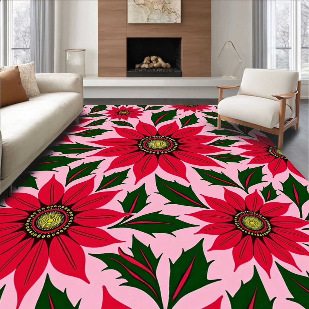 Crimson Poinsettia Pink Floral Rug