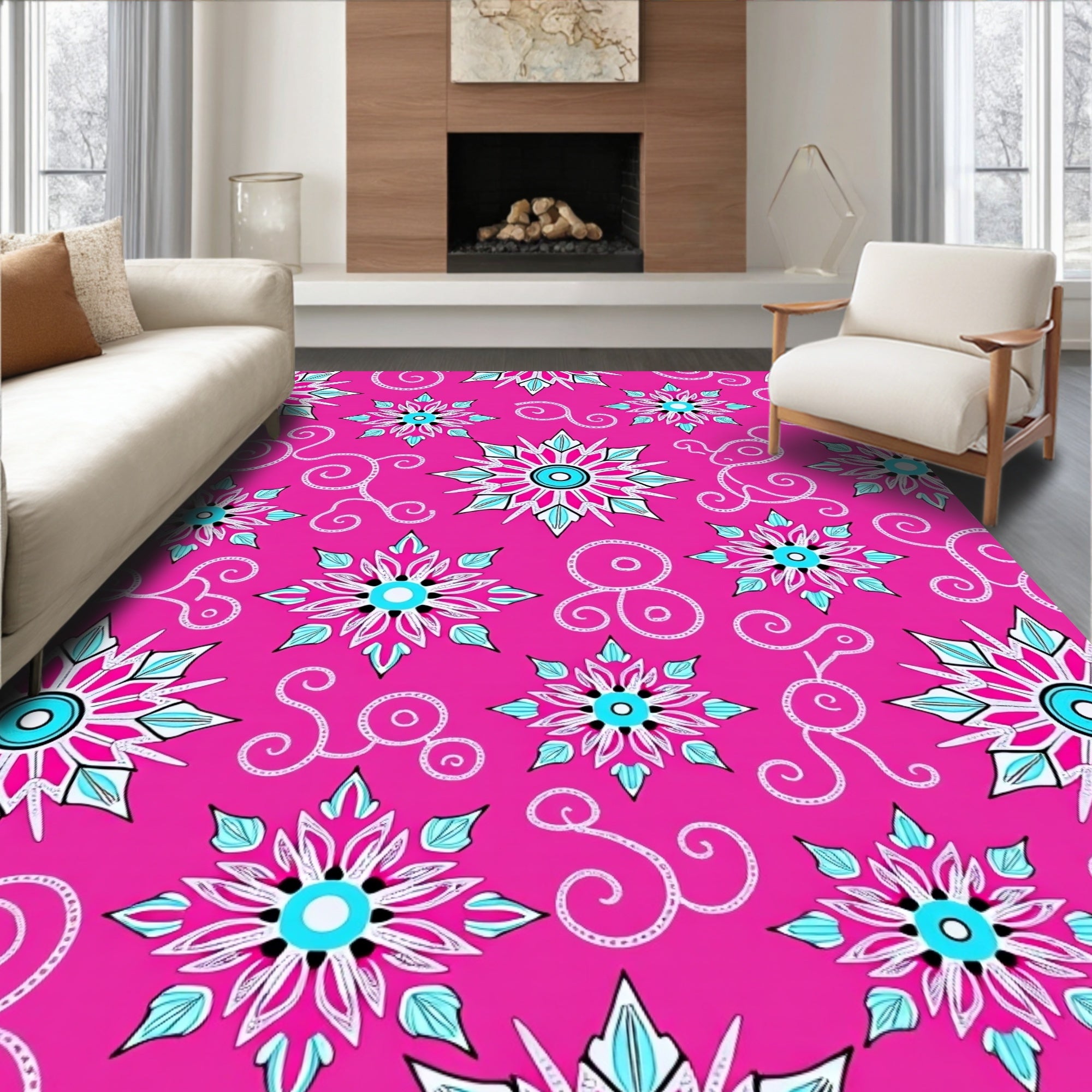 Vibrant Fuchsia Starburst Swirl Motif Rug