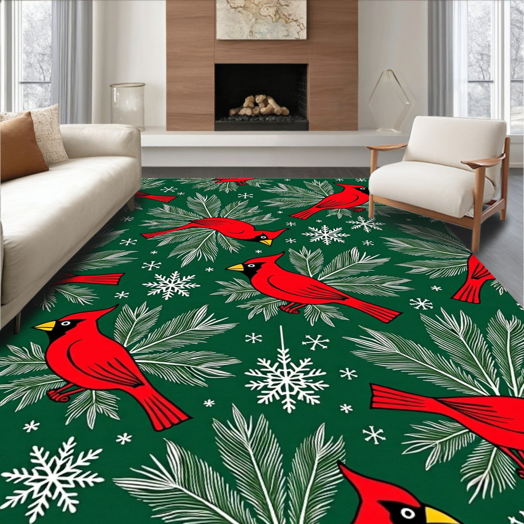 Vibrant Red Cardinal Snowflakes Foliage Rug