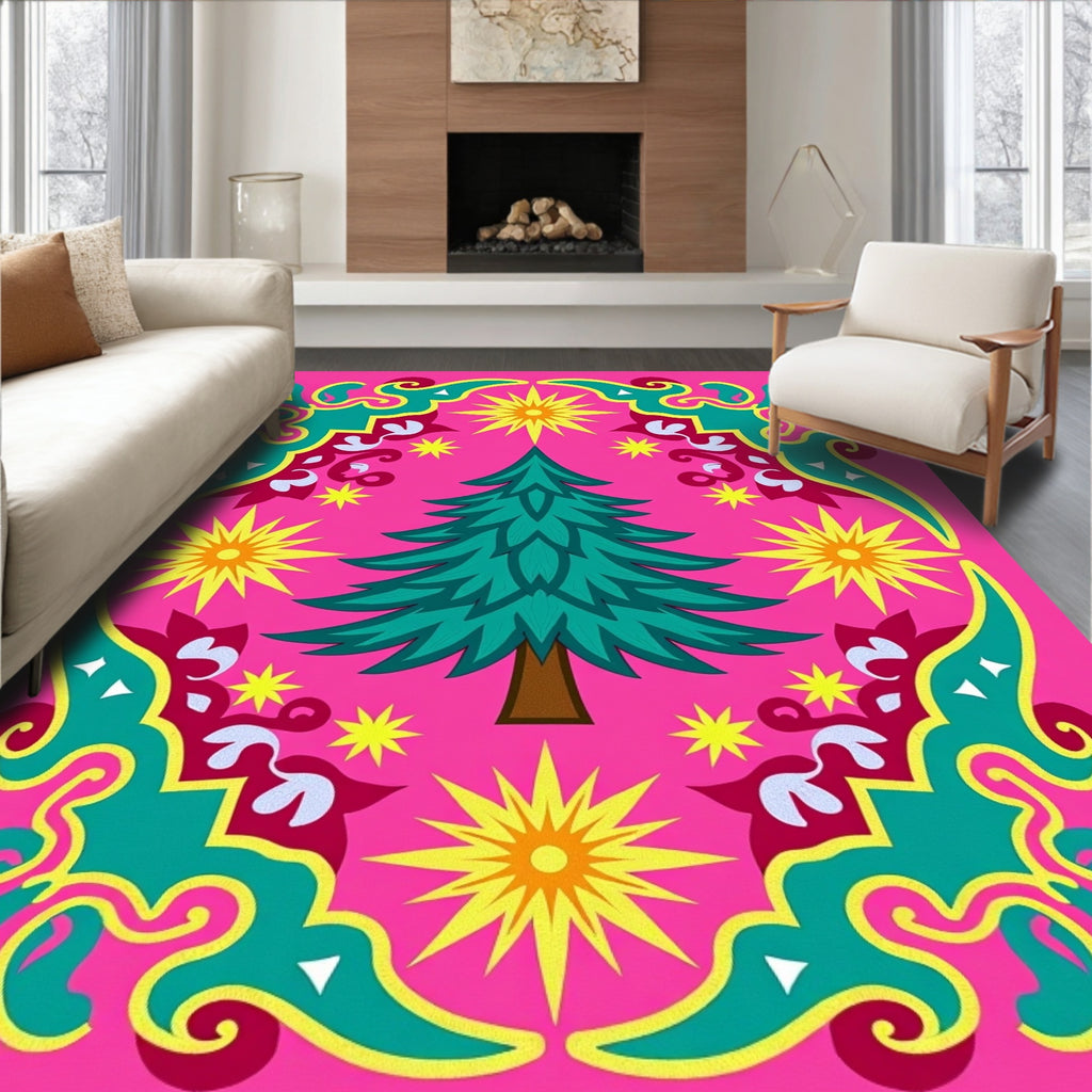 Vibrant Pink Teal Christmas Tree Stars Rug