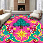 Vibrant Pink Teal Christmas Tree Stars Rug