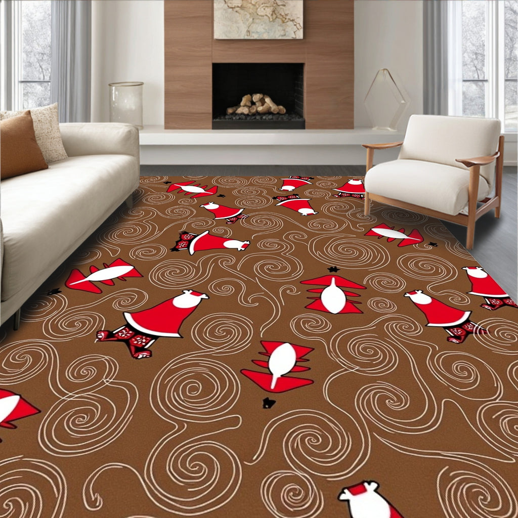 Red White Swirl Whimsical Christmas Figures Rug