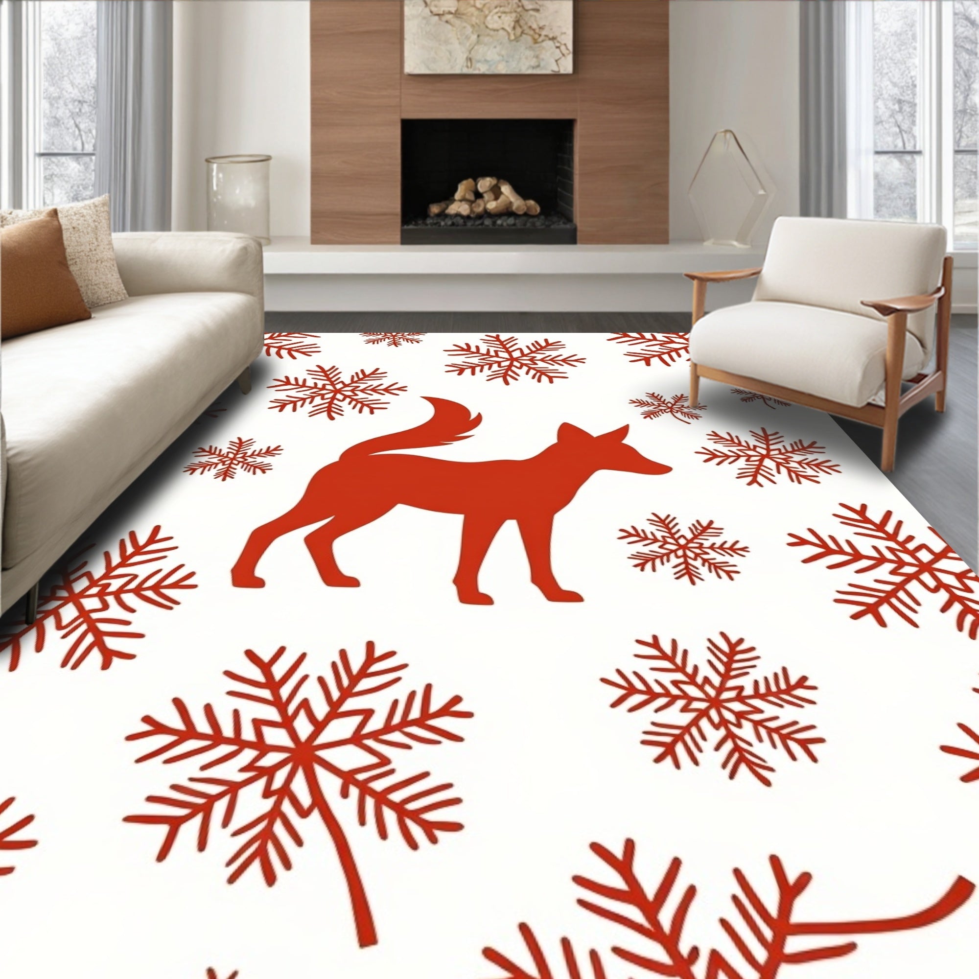 Red Fox Snowflake Winter Whimsical Rug