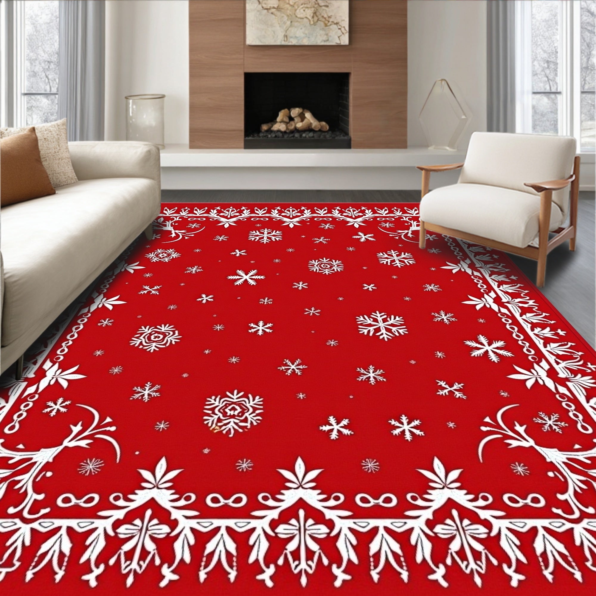Red Winter Snowflake Ornamental Rug