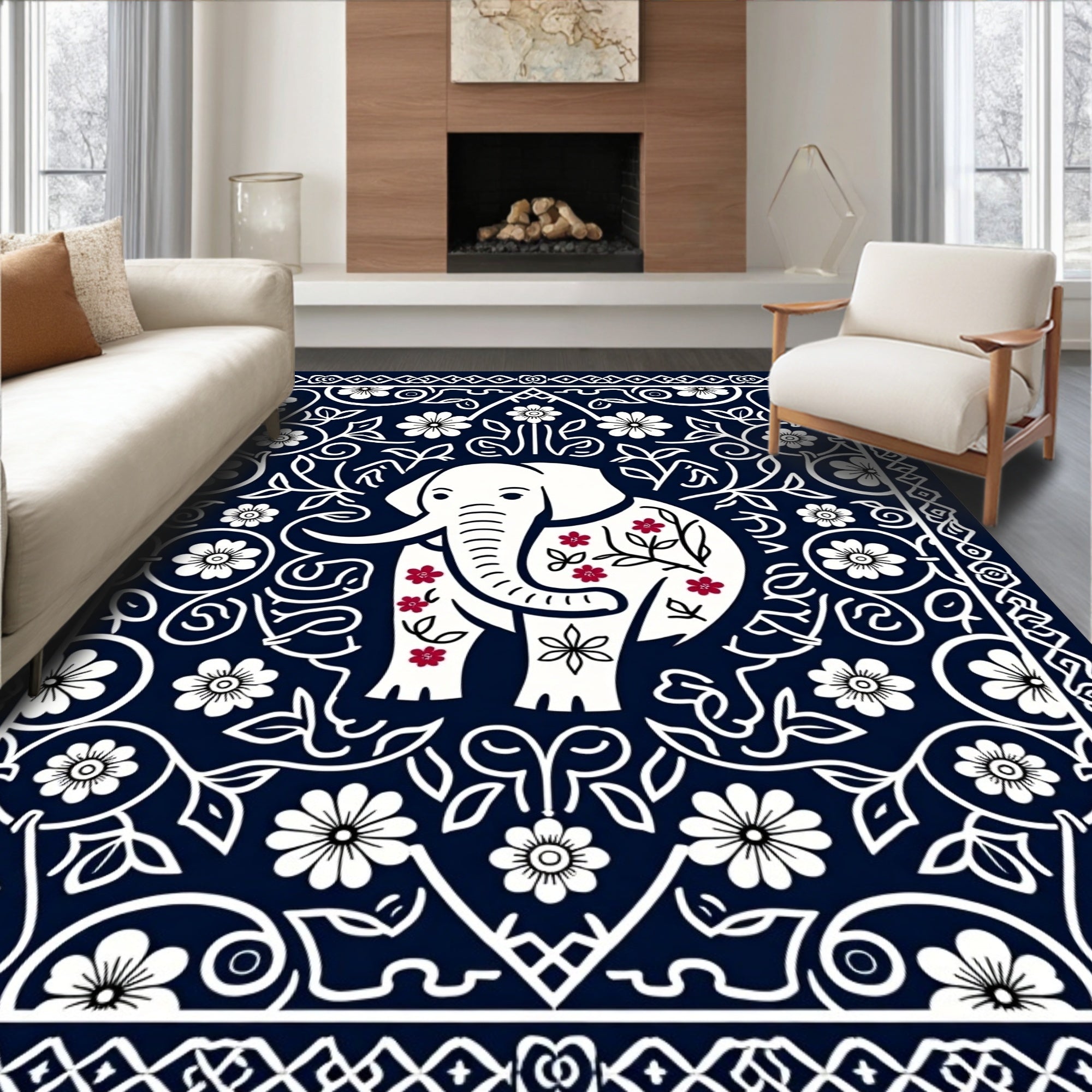 Navy Blue Elephant Floral Medallion Rug