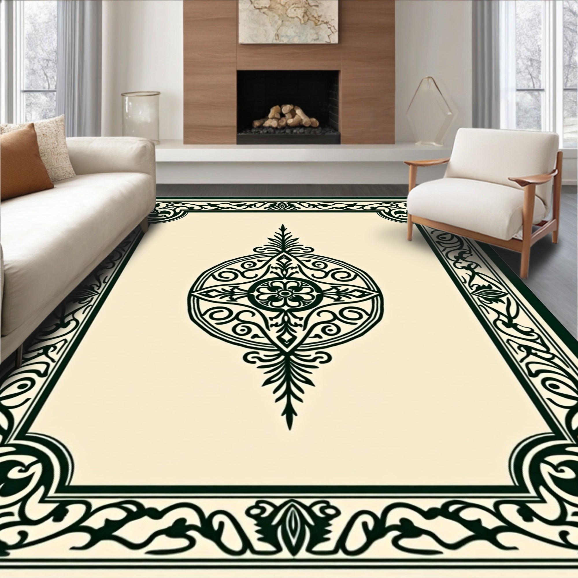 Green Floral Medallion Border Rug