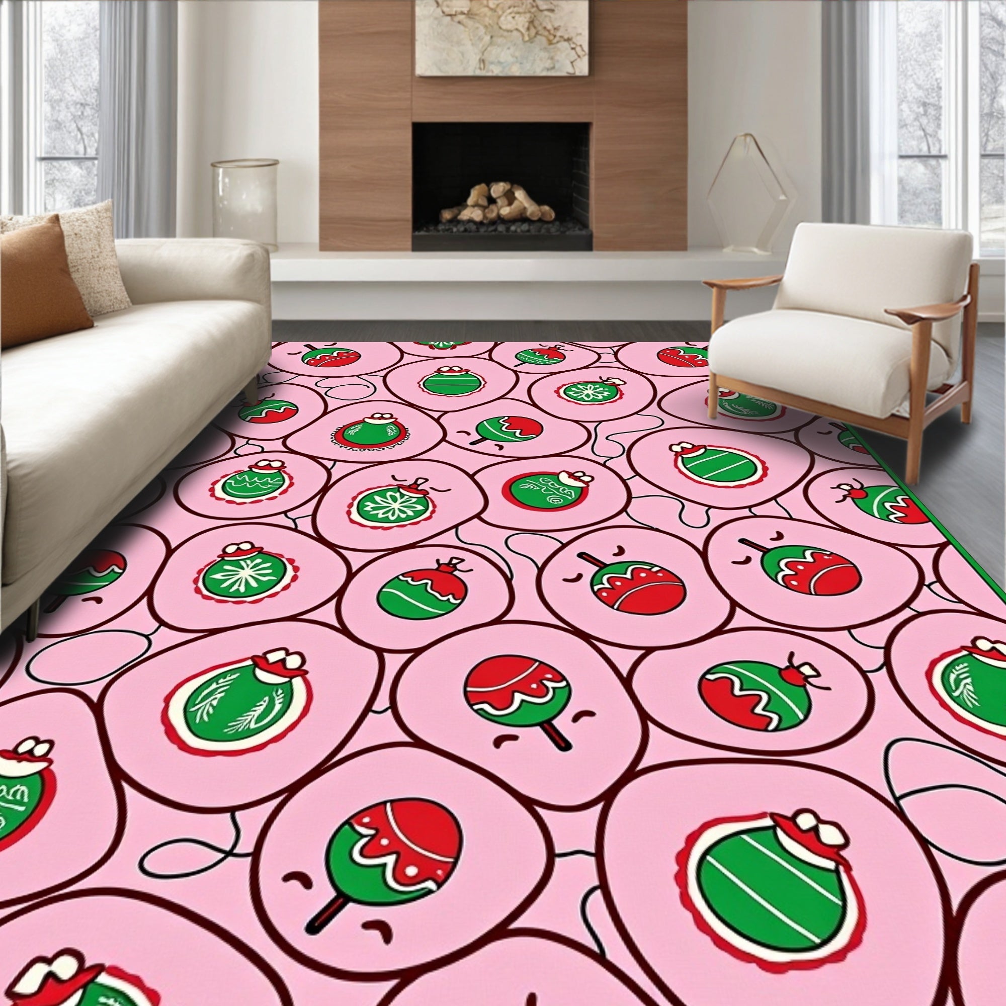 Pink Red Green Christmas Ornament Cluster Rug