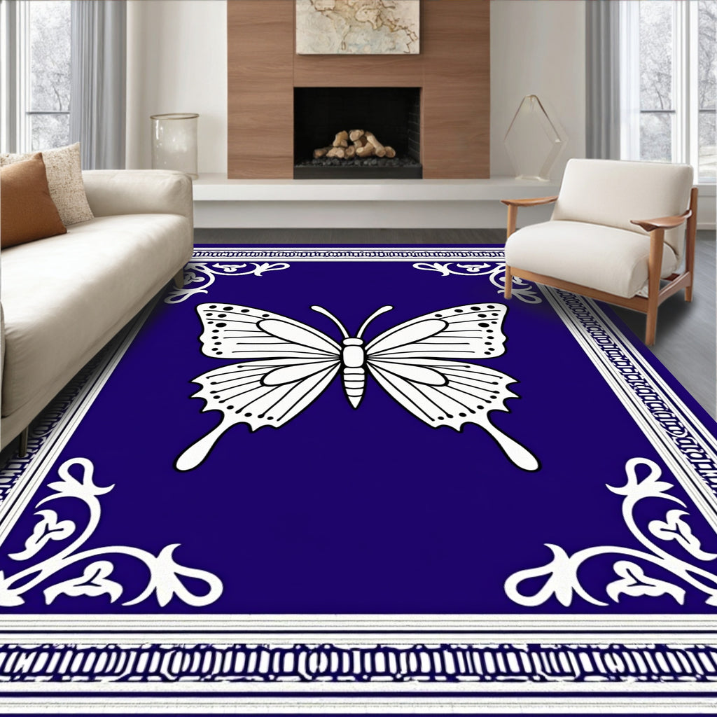 Vibrant Blue Butterfly Border Rug
