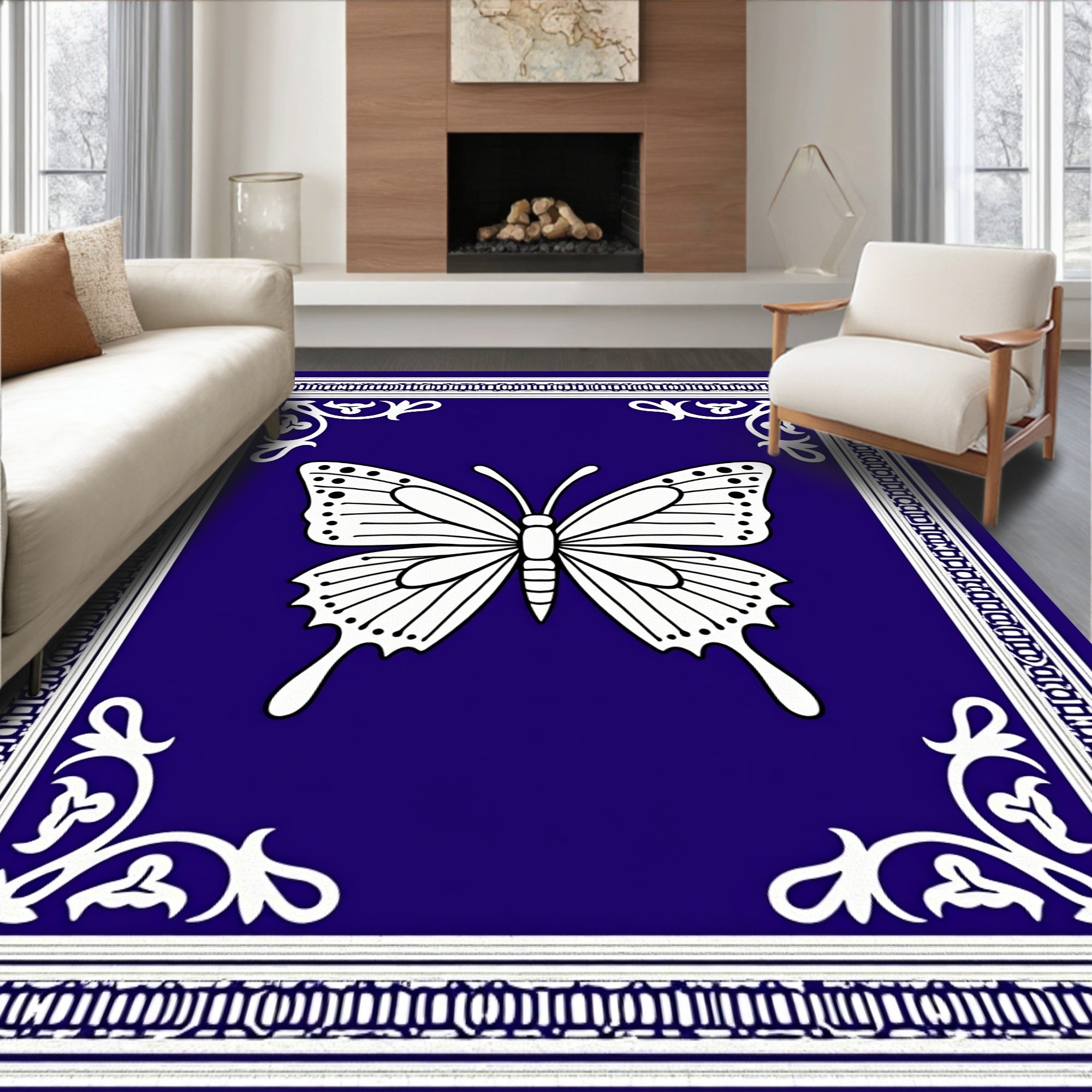 Vibrant Blue Butterfly Border Rug