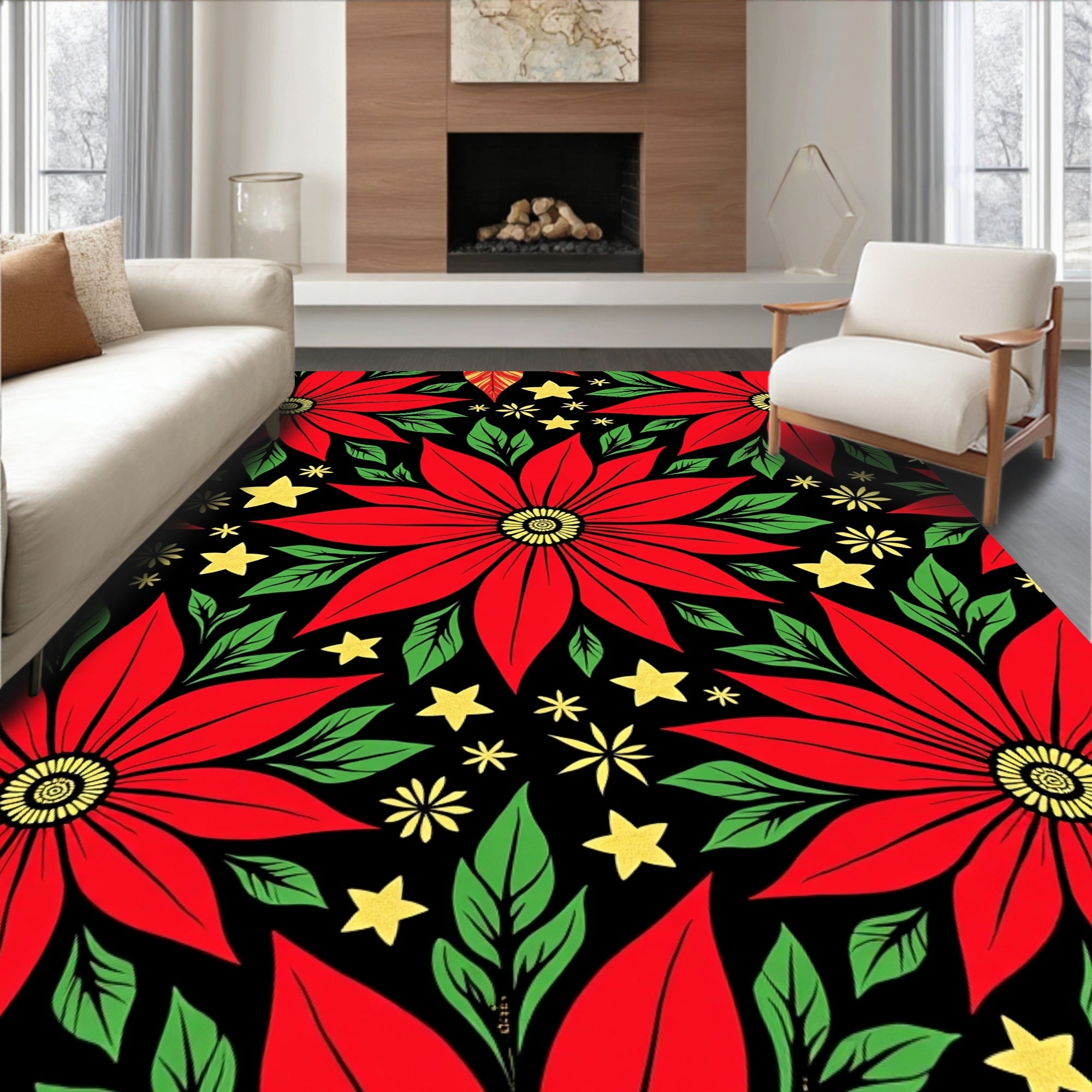 Crimson Red Poinsettia Star Medallion Rug