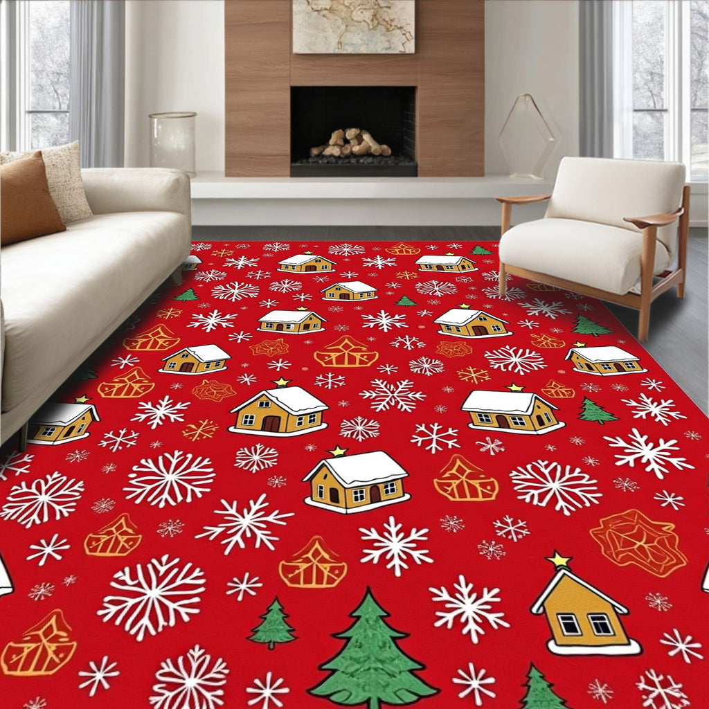Winter Village Snowflakes Christmas Scene Rug