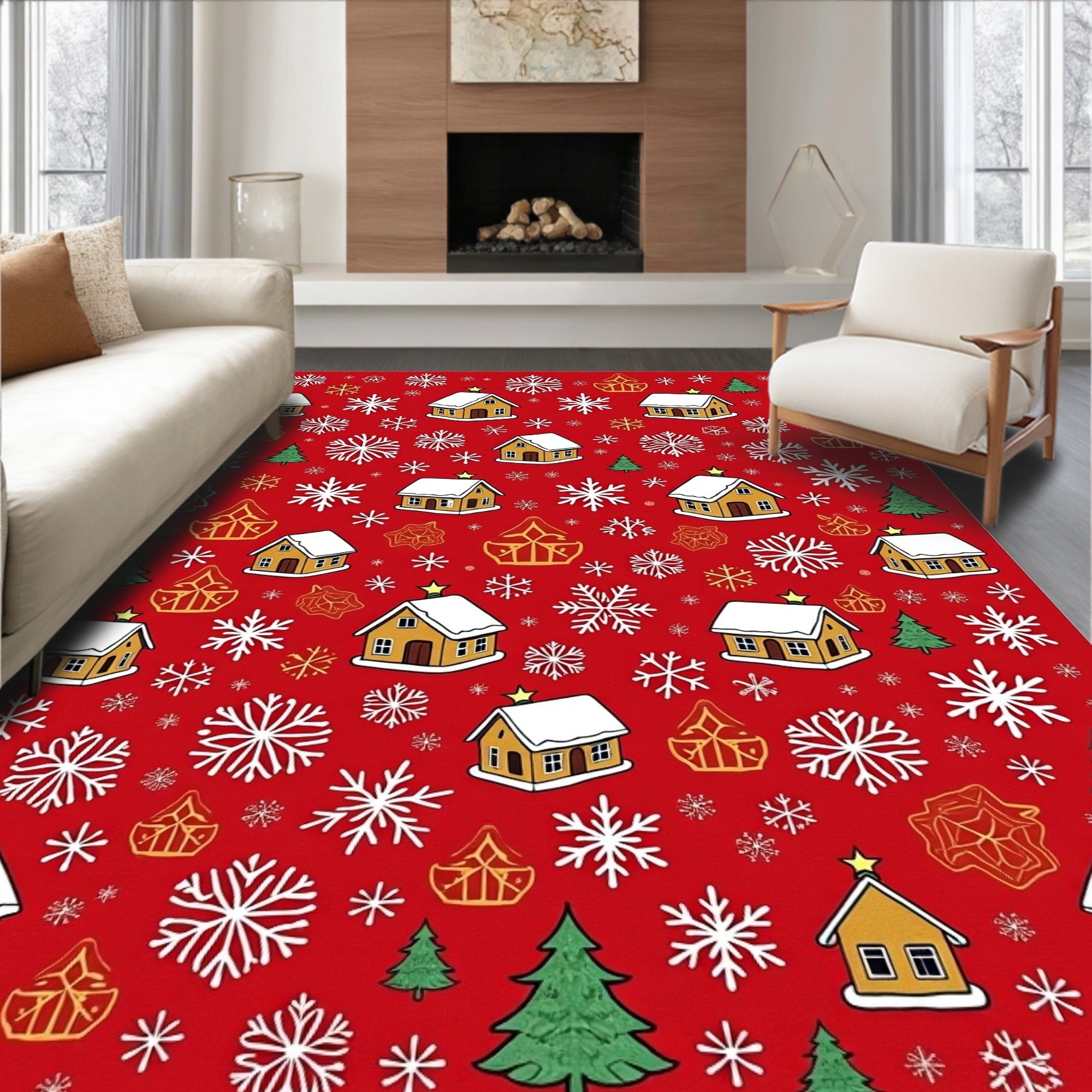 Winter Village Snowflakes Christmas Scene Rug