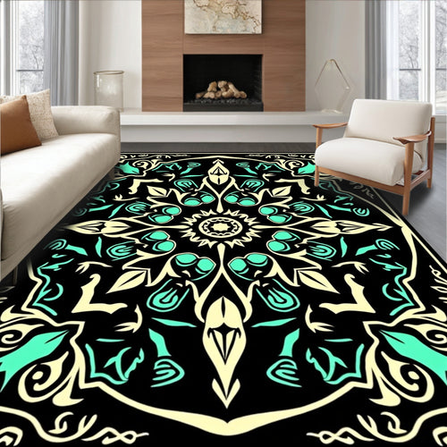 Black Cream Aqua Floral Medallion Rug