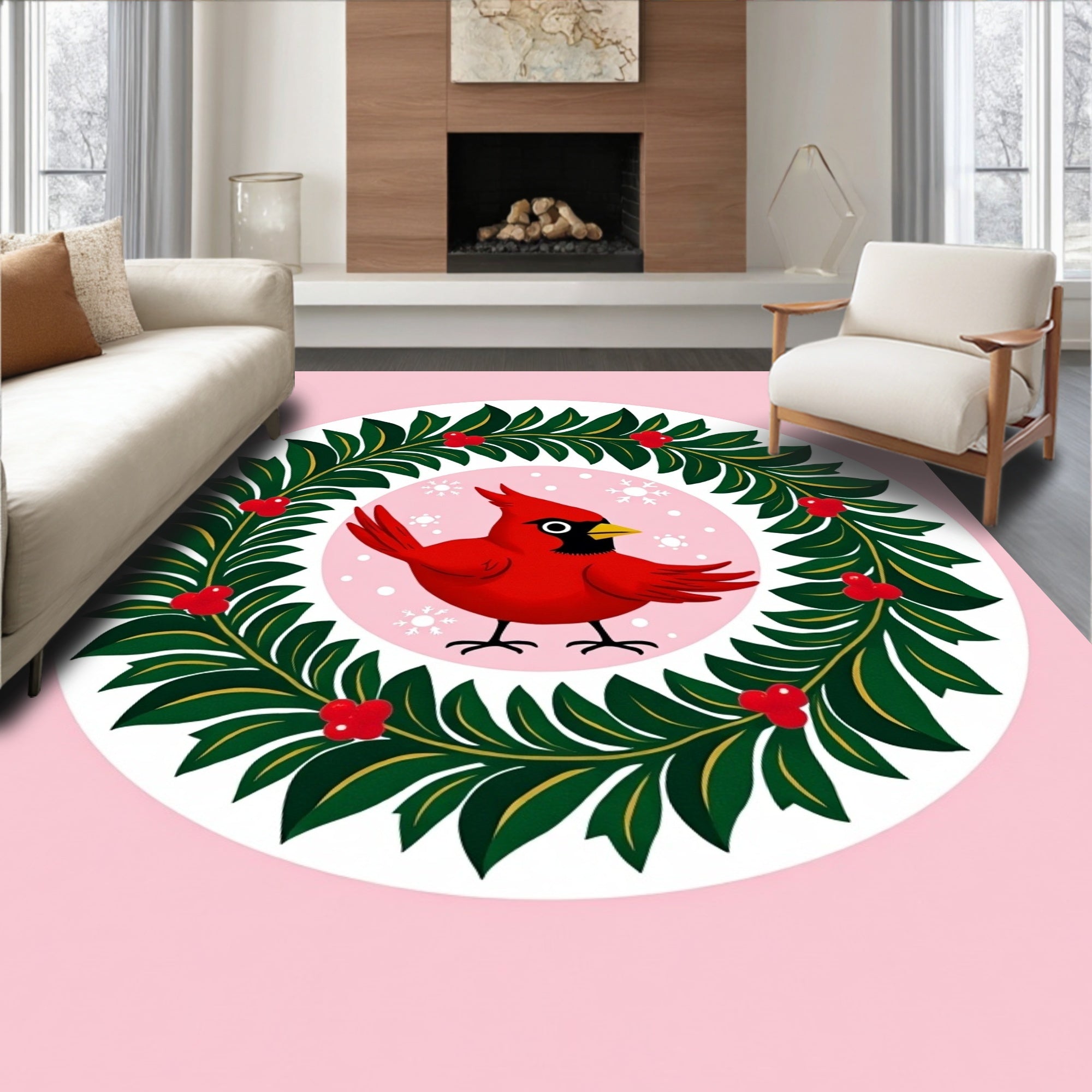 Whimsical Red Cardinal Winter Garland Rug