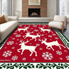 White Reindeer Snowflakes Red Border Rug