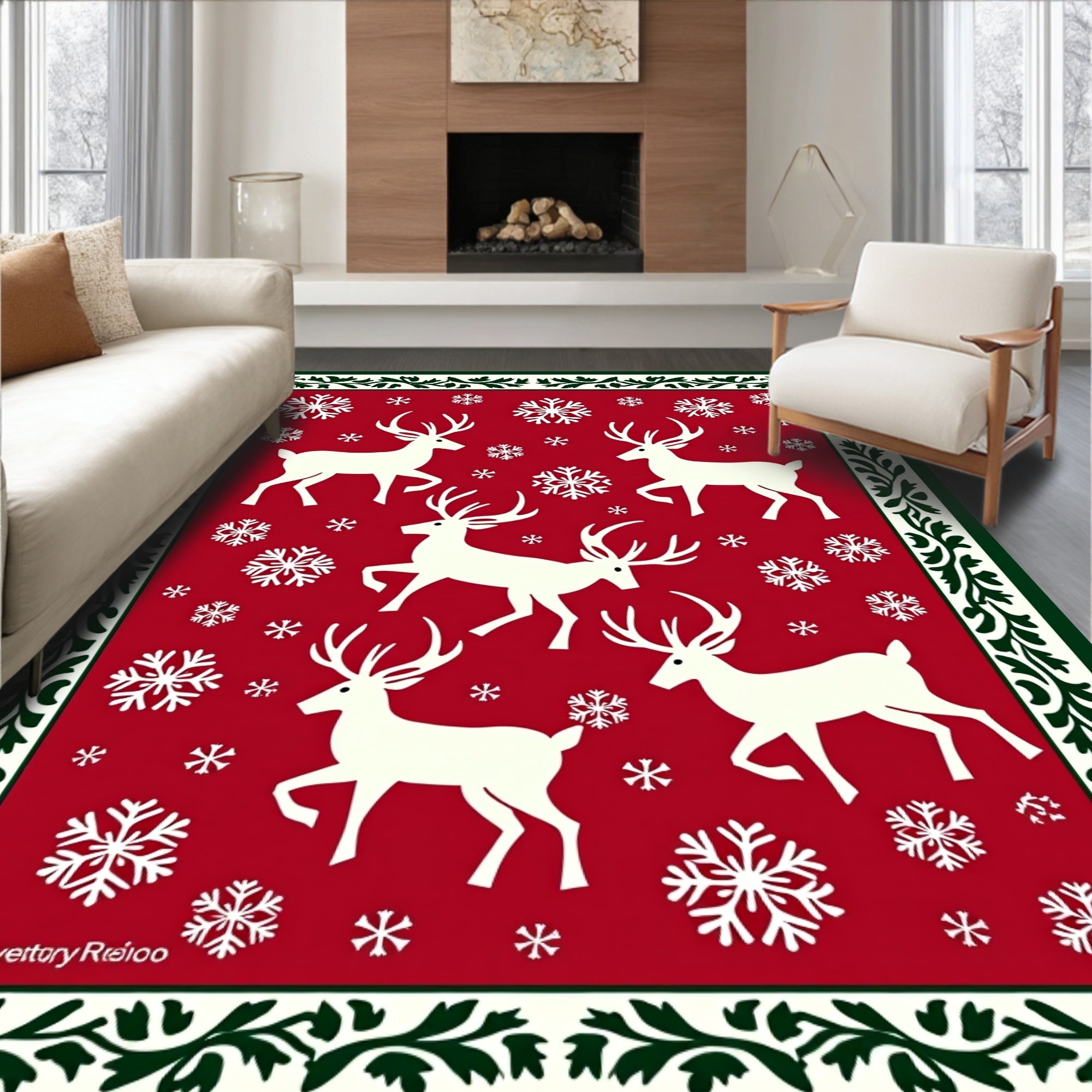 White Reindeer Snowflakes Red Border Rug