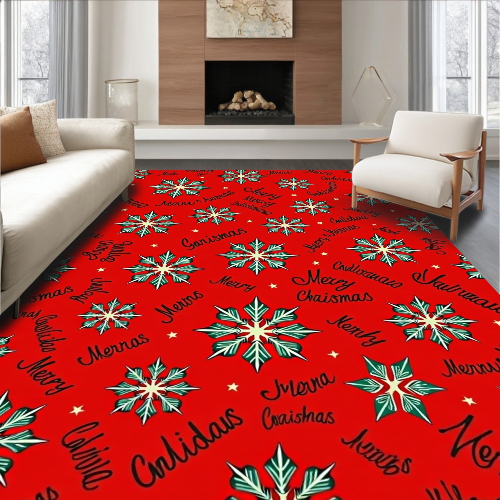 Red Snowflake Merry Christmas Scatter Rug