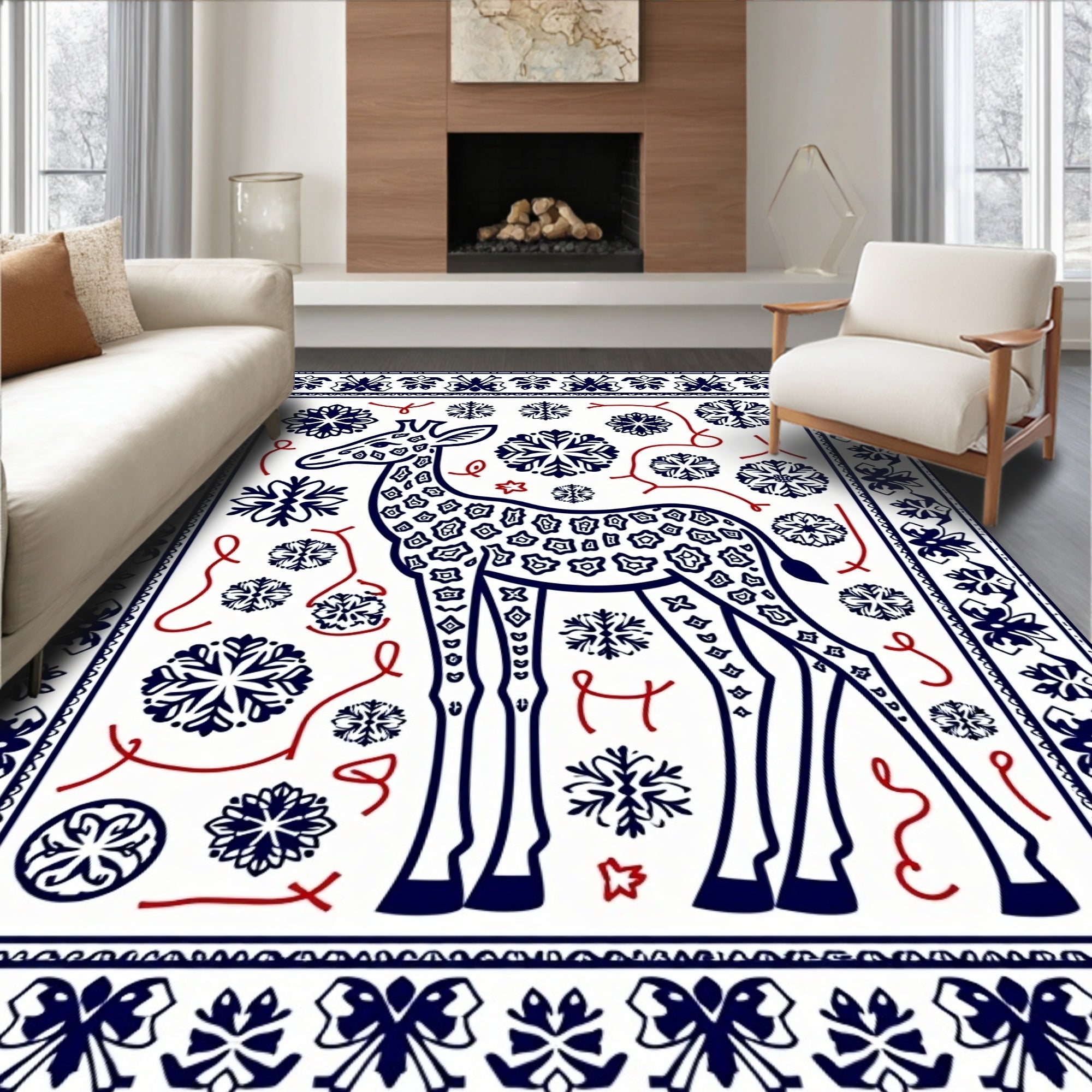 Giraffe Snowflake Border Blue Red Rug