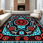 Vivid Scarlet Blue Floral Mandala Rug
