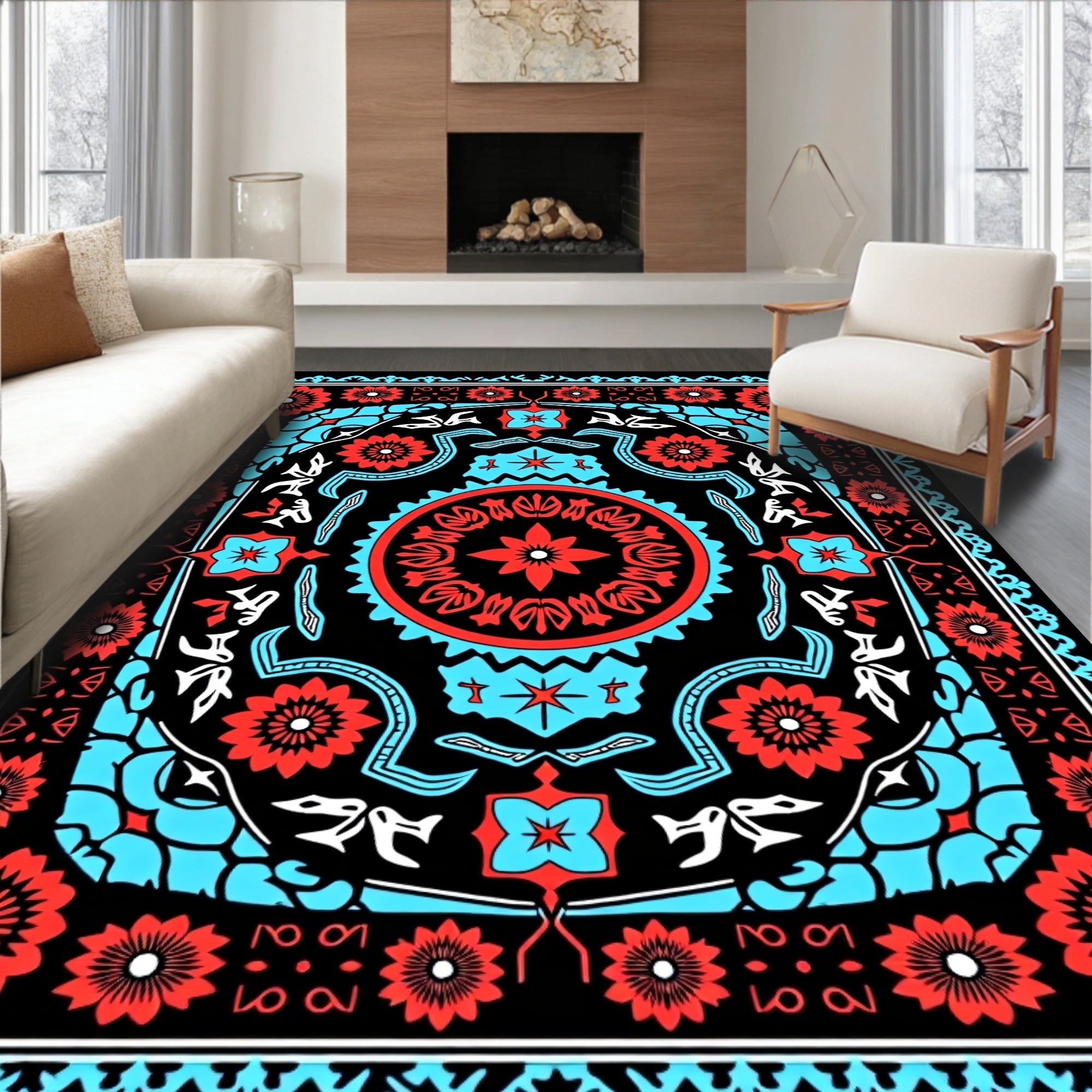 Vivid Scarlet Blue Floral Mandala Rug