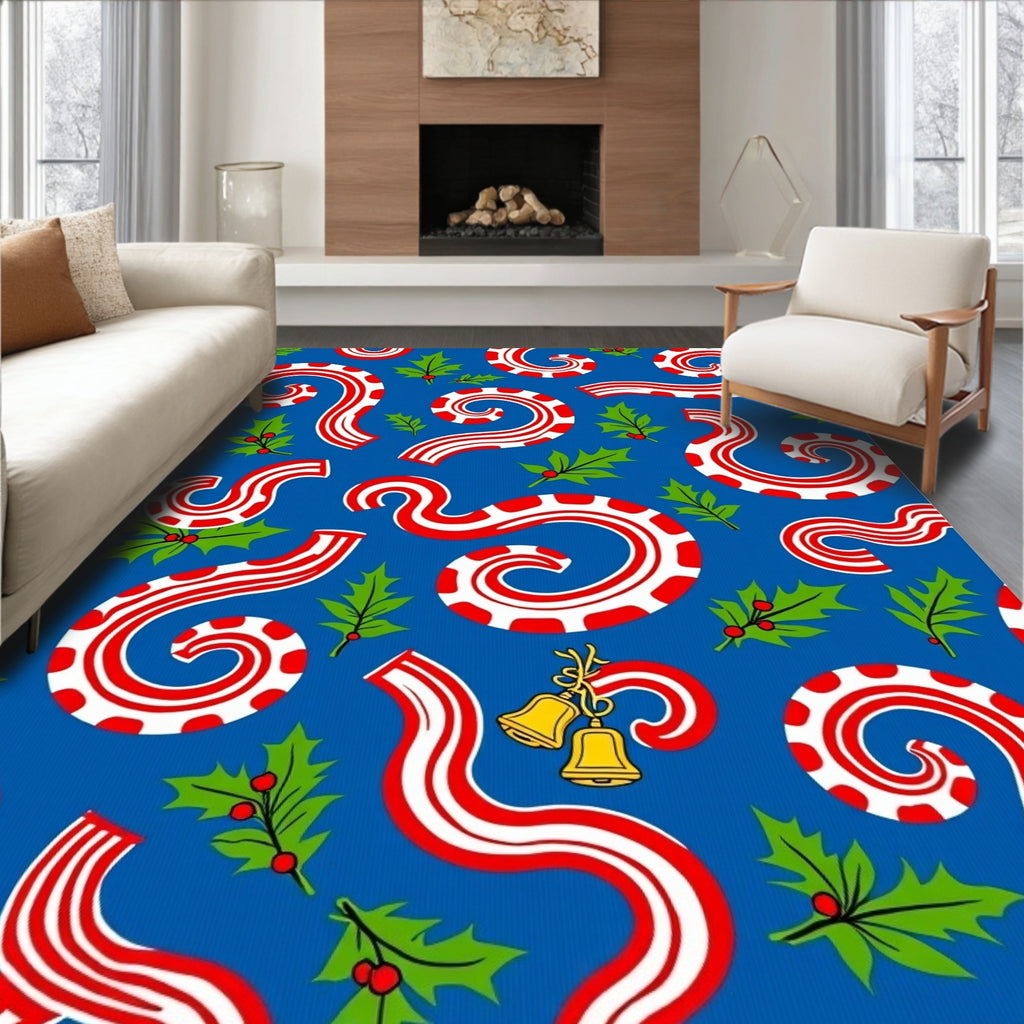 Red Candy Cane Swirl Holly Bells Rug