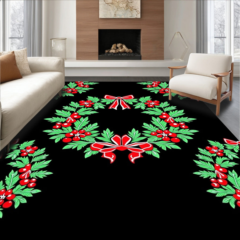 Holiday Wreath Red Green Bows Rug