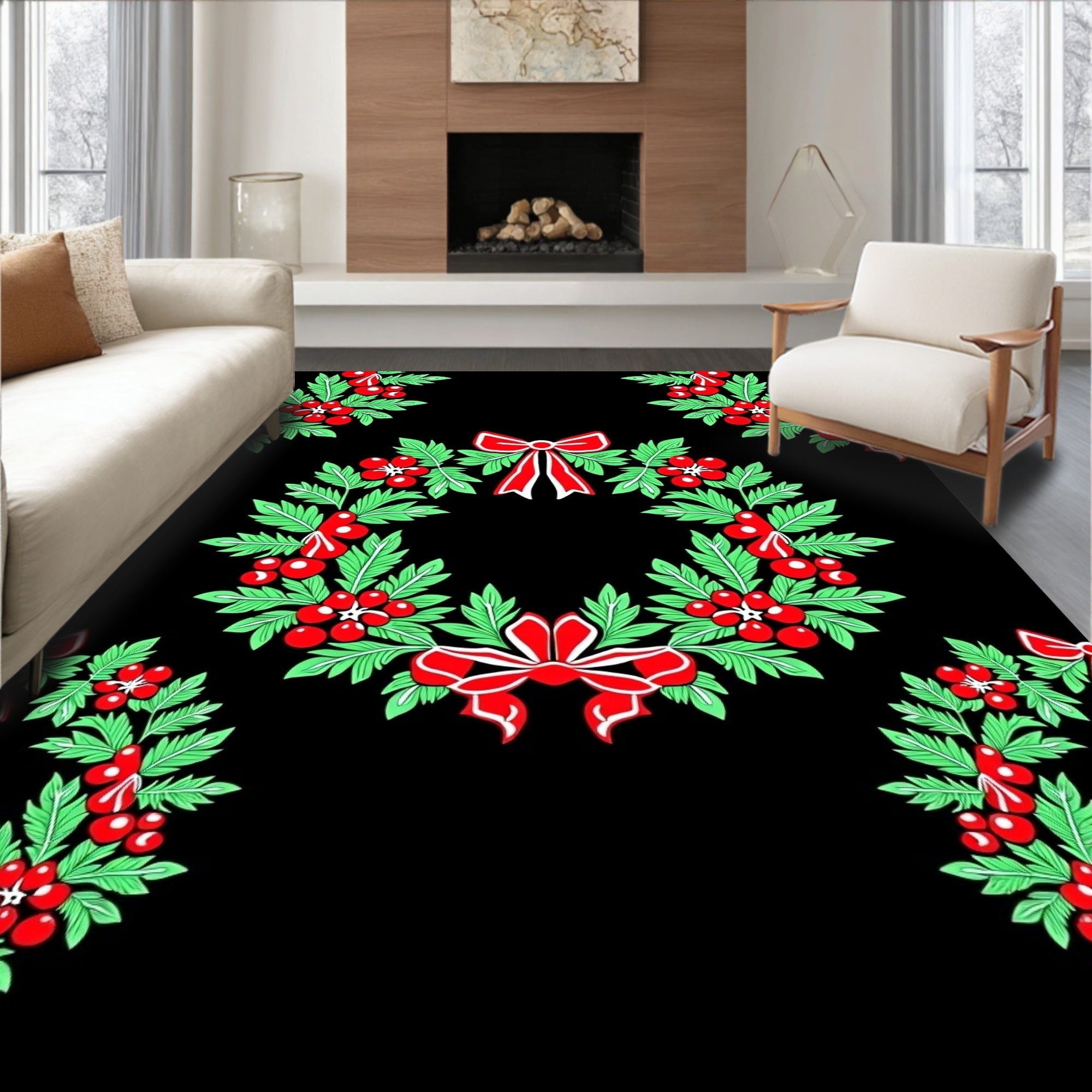 Holiday Wreath Red Green Bows Rug