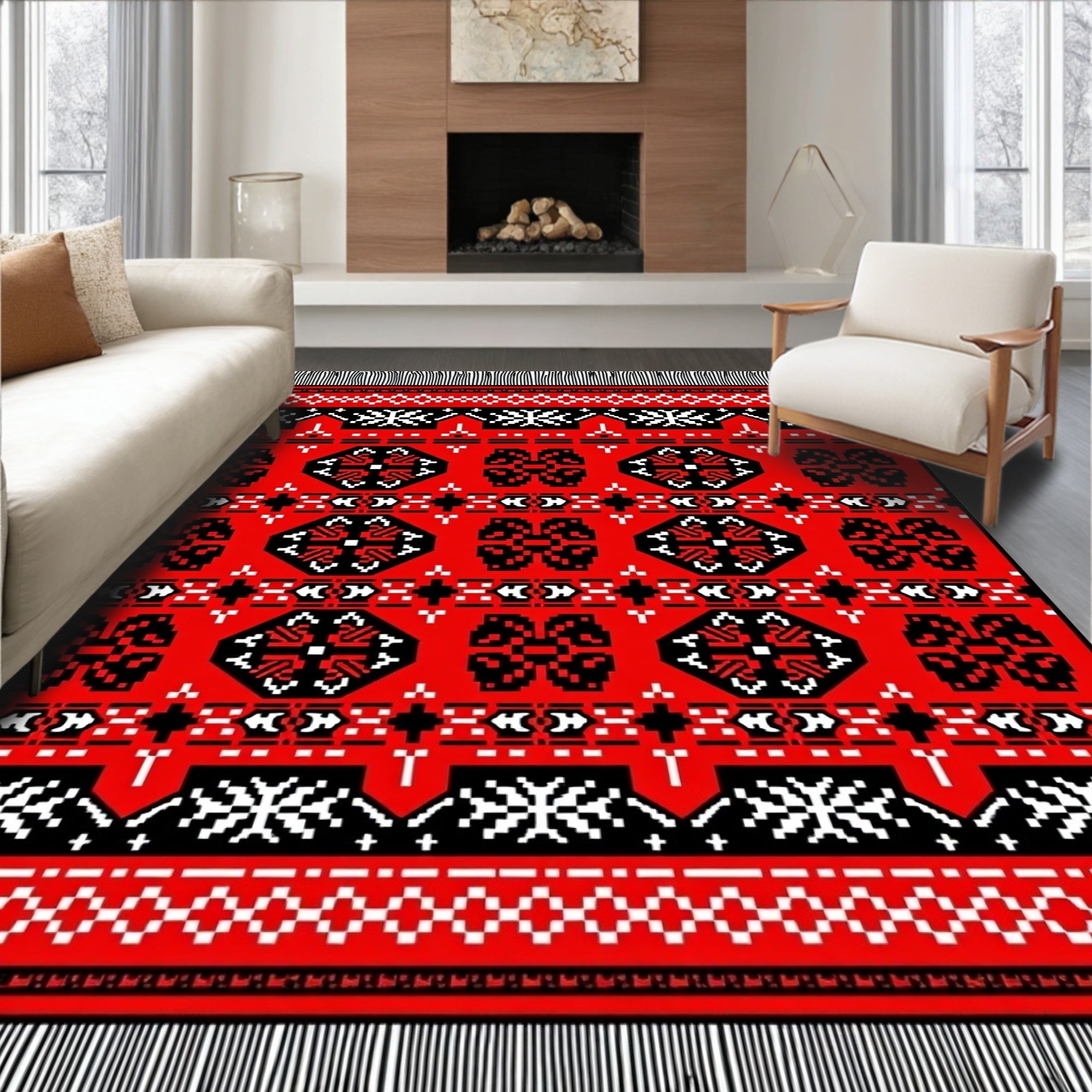 Red Black Geometric Medallion Rug