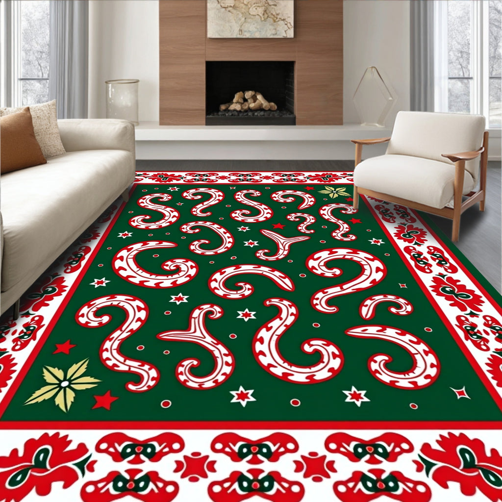 Green White Red Festive Swirls Border Rug