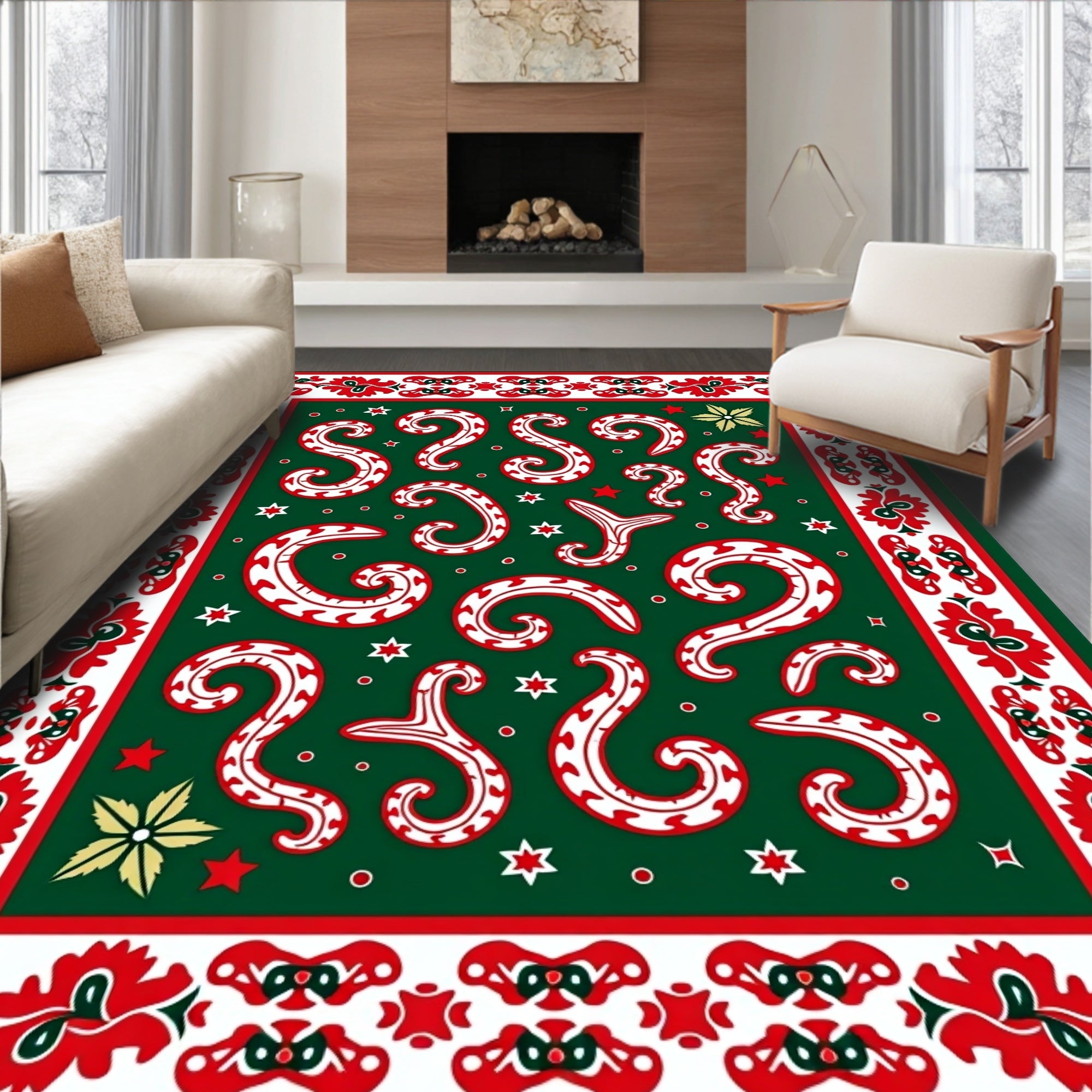 Green White Red Festive Swirls Border Rug