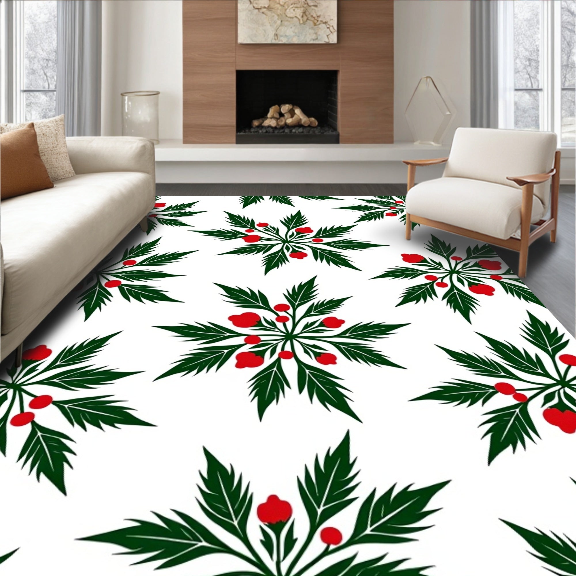 Green Leaf Red Berry Starburst Rug