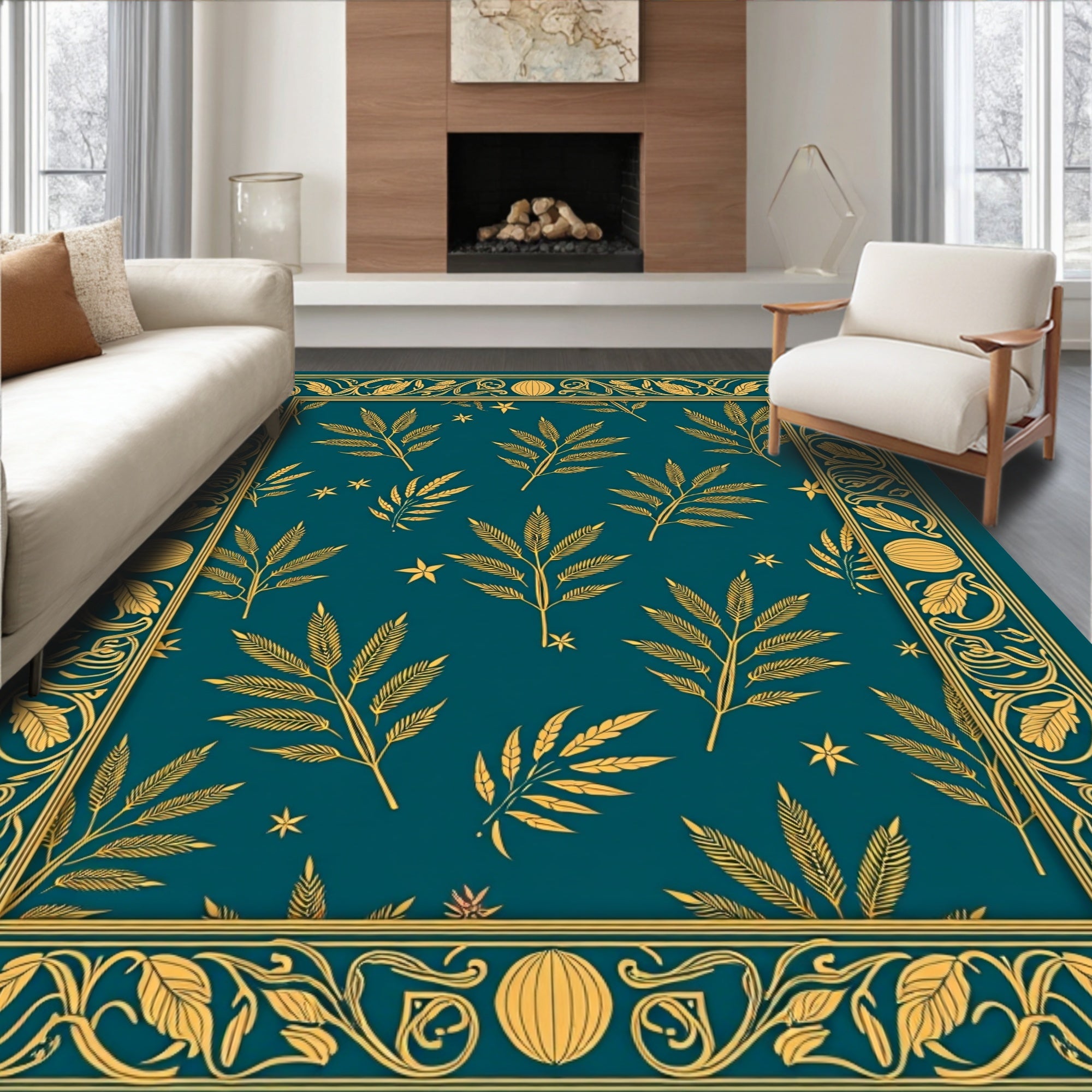 Golden Foliage Teal Border Rug
