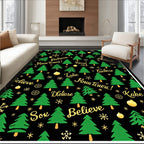 Green Christmas Trees Golden Snowflakes Rug