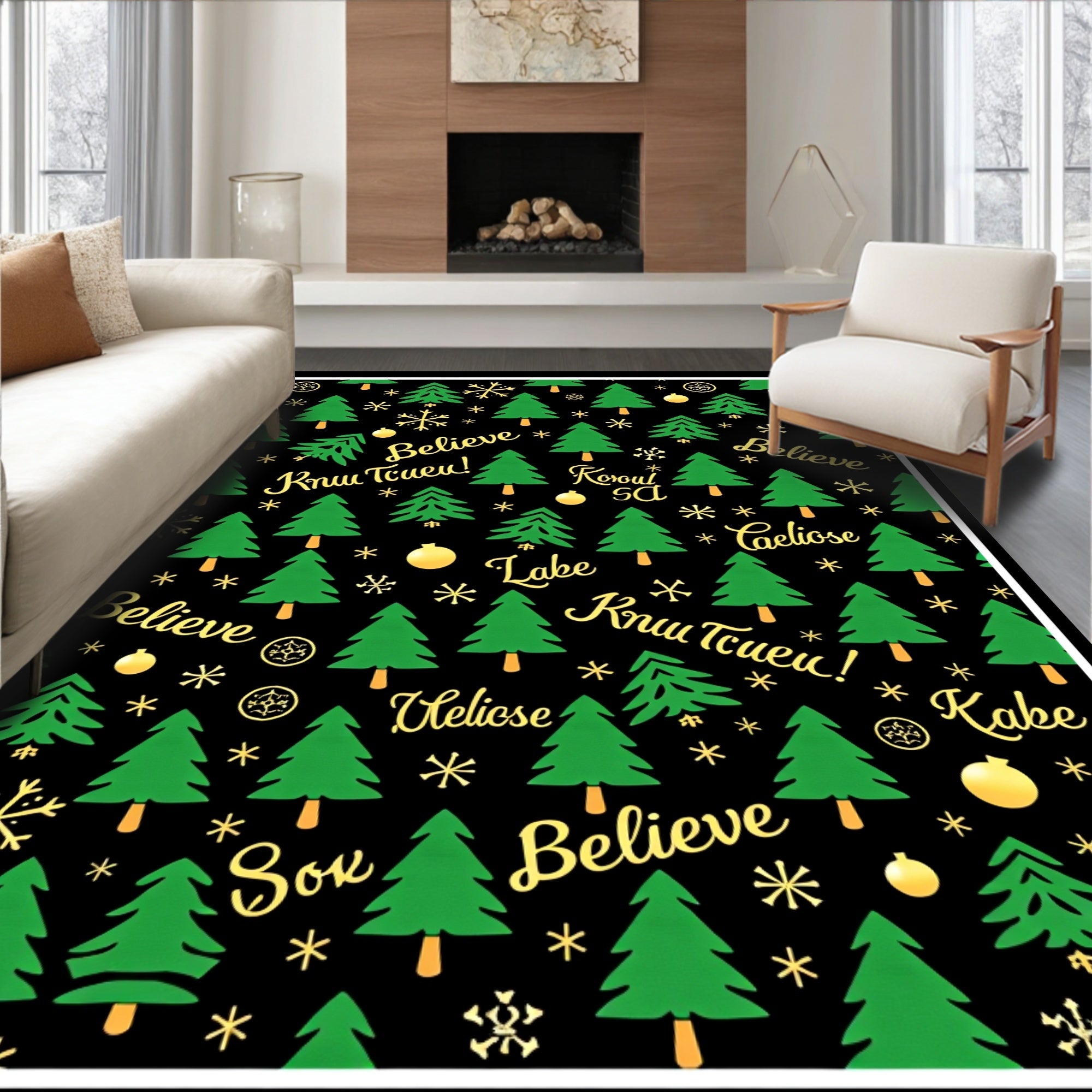 Green Christmas Trees Golden Snowflakes Rug