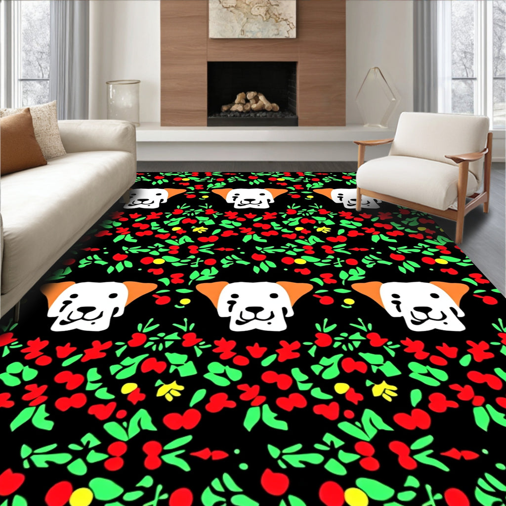 Playful White Dog Red Berry Garland Rug