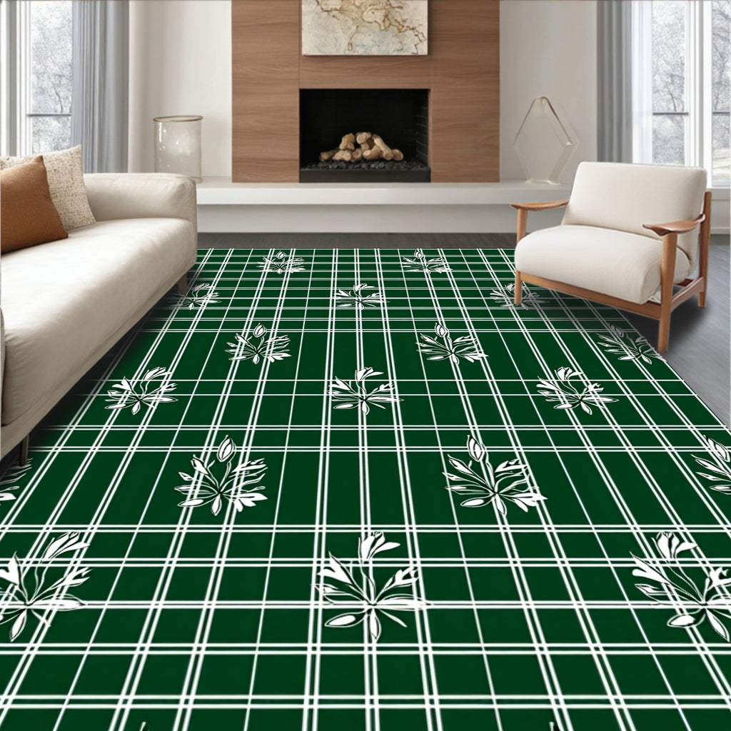 Forest Green White Leaf Plaid Harmony Rug