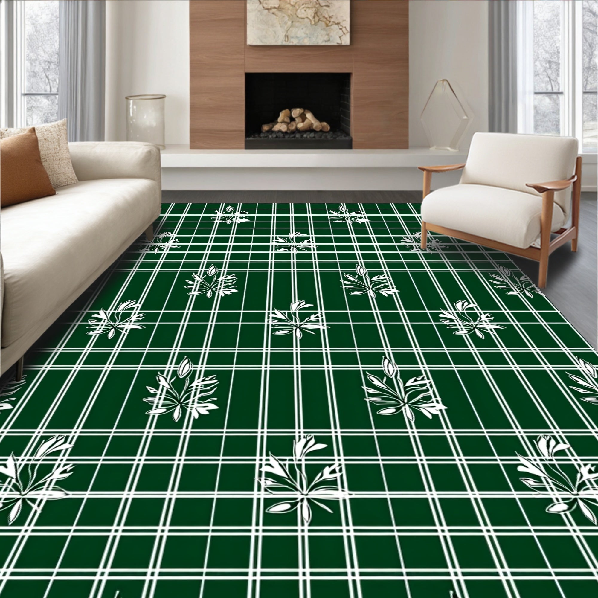 Forest Green White Leaf Plaid Harmony Rug
