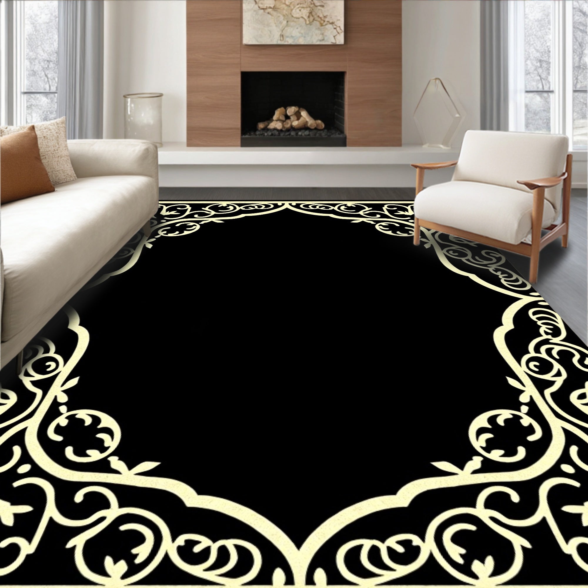Creamy White Botanical Frame Rug