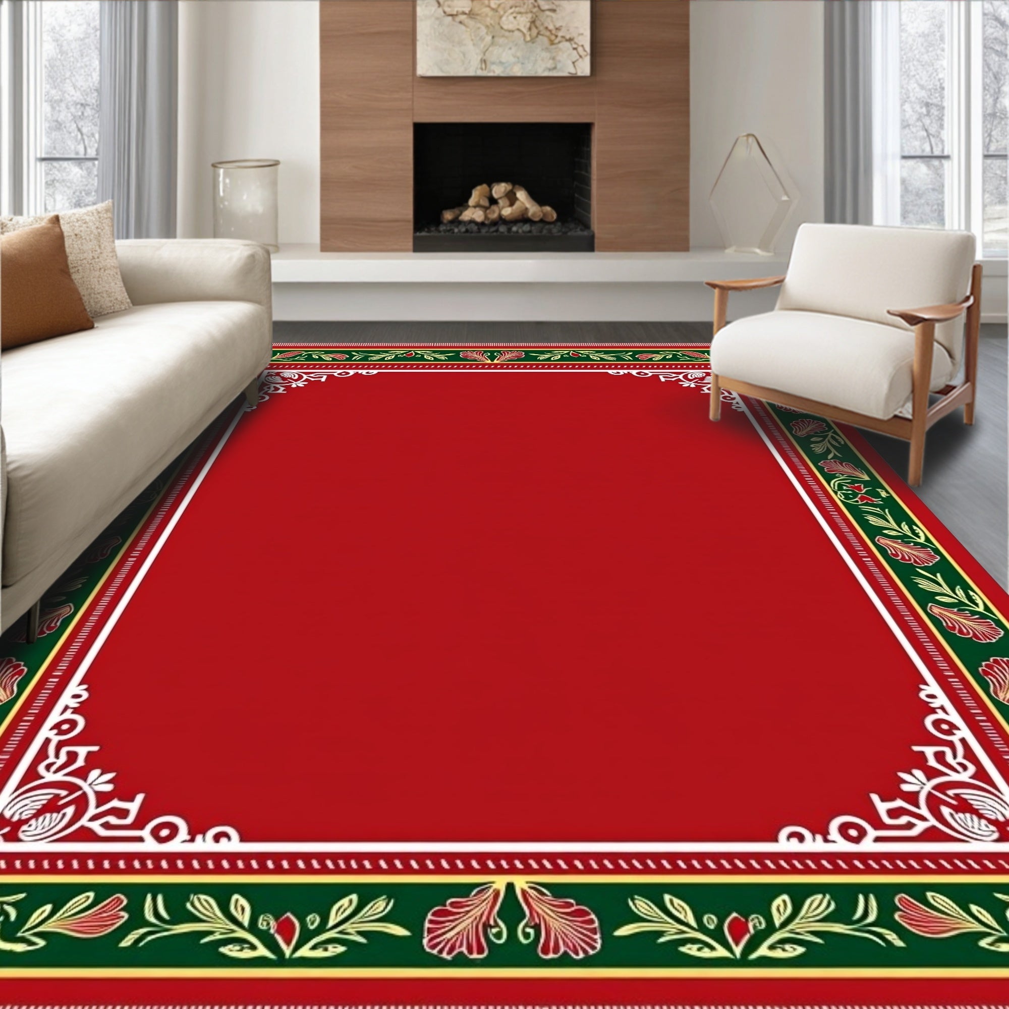 Crimson Green Floral Bordered Area Rug