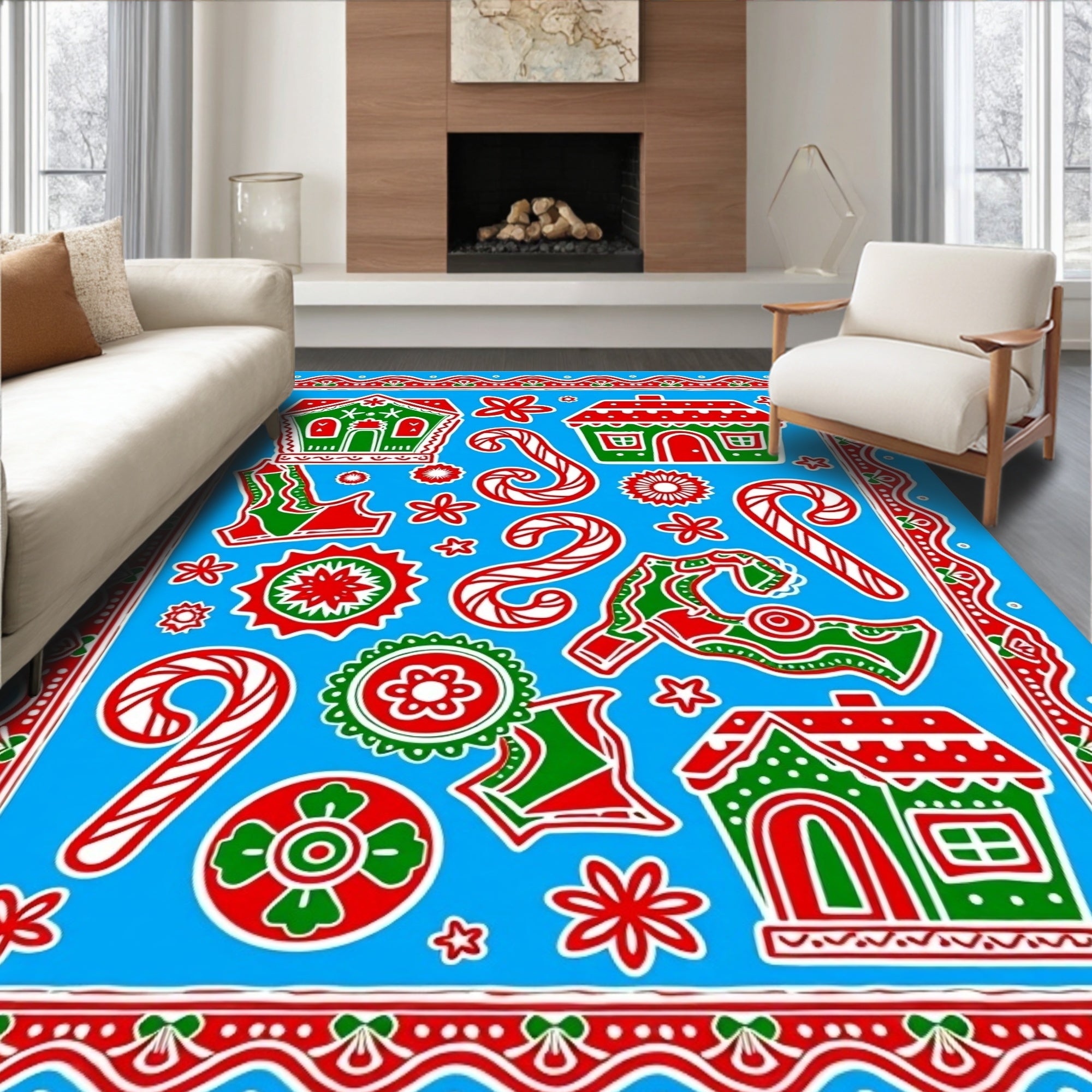 Holiday Gingerbread Candy Cane Scene Rug