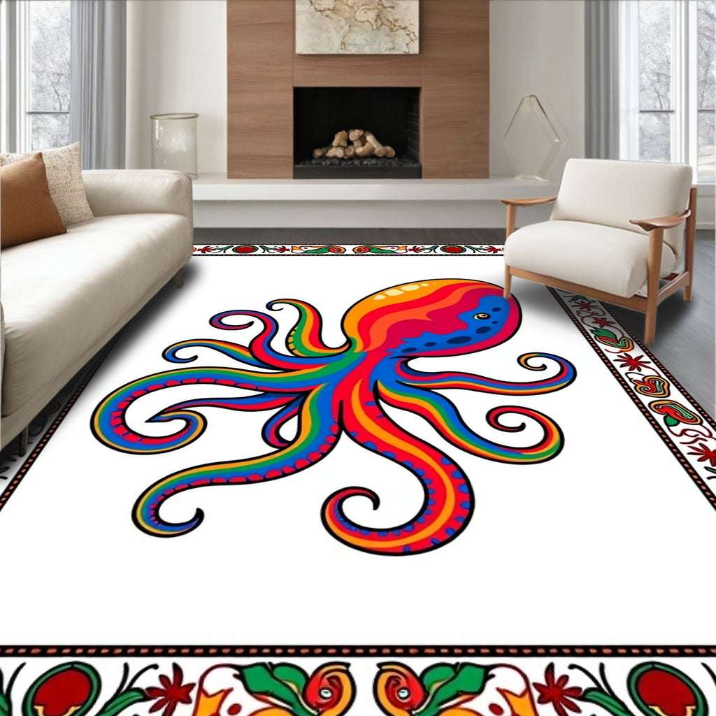 Vibrant Rainbow Octopus In Ornate Border Rug