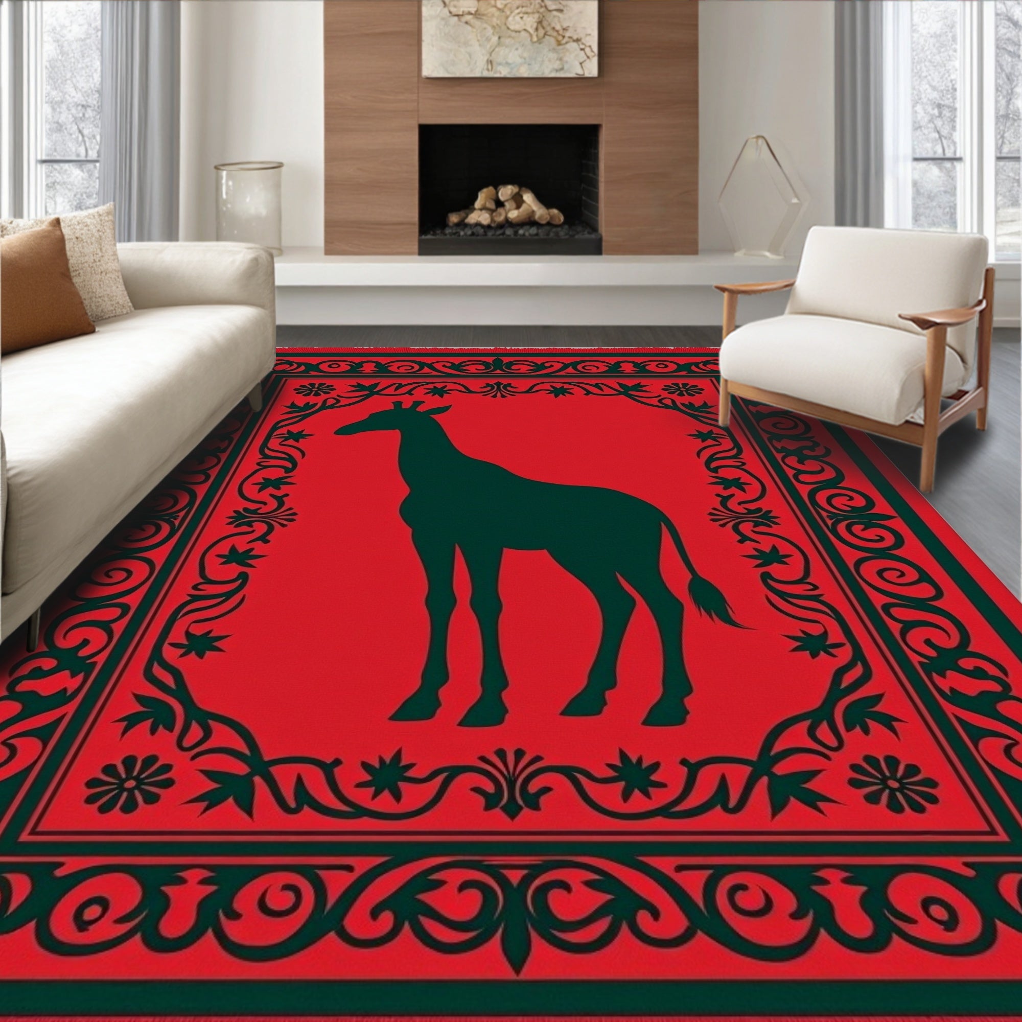 Red Giraffe Silhouette Ornate Border Rug