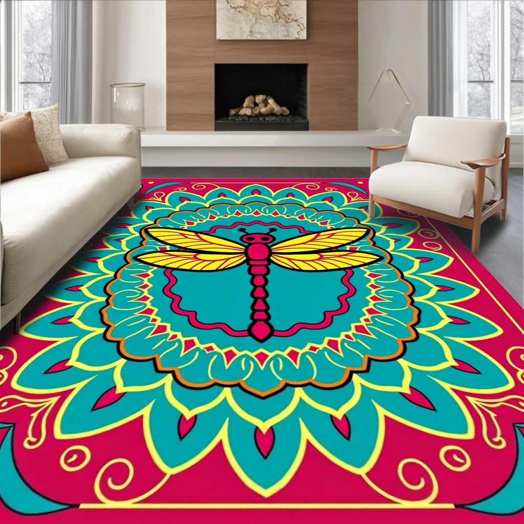 Vibrant Dragonfly Mandala Teal Pink Yellow Rug